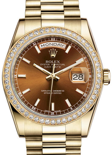 118348 Cognac hour markers dial Rolex Day-Date 36