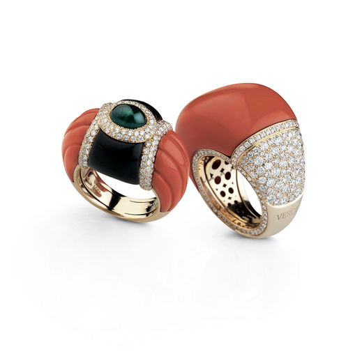 rose gold rings with diamonds, red coral, onyx and Verdi Gioielli Rock-n-Roll